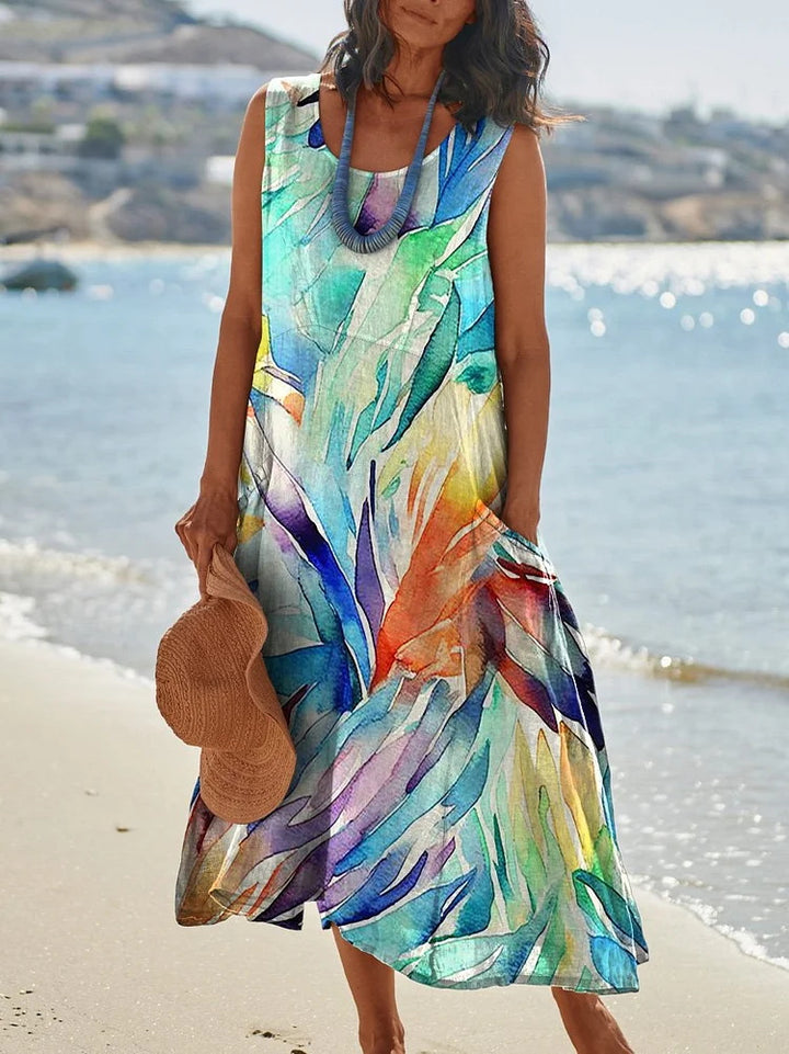 Colorful Splash Ink Print Pocket Crewneck Vest Dress