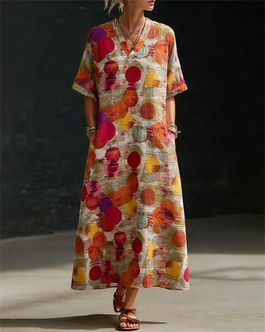 Colorful Polled V-neck Cotton-linen Loose Dress