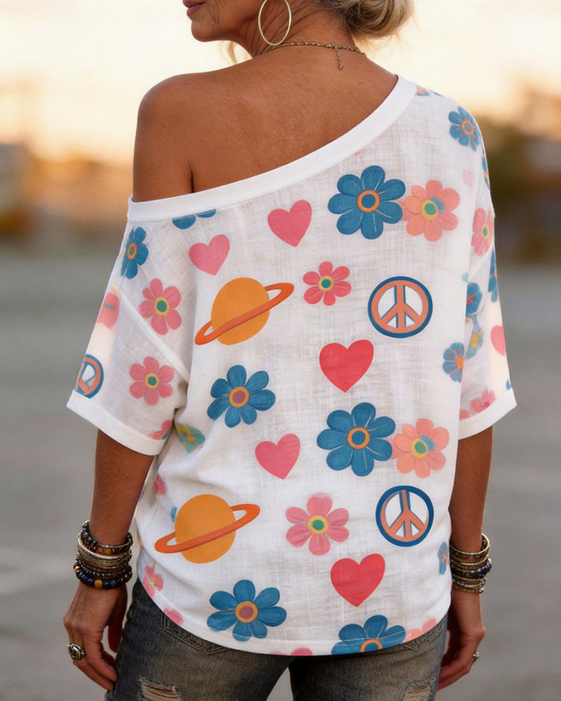 Vintage Flower Planet Peace Symbol Full Print Shoulder Shoulder Tee