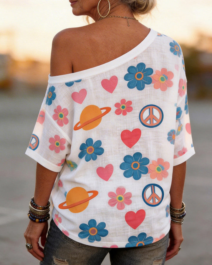 Vintage Flower Planet Peace Symbol Full Print Shoulder Shoulder Tee