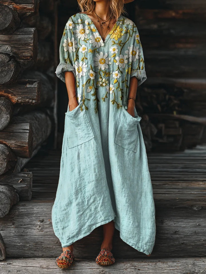 Light Blue Daisy-Print Loose V-Neck Pocket Dress
