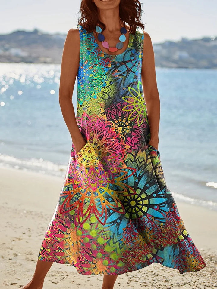Mandala Geometric Print Pocket Crewneck Vest Dress