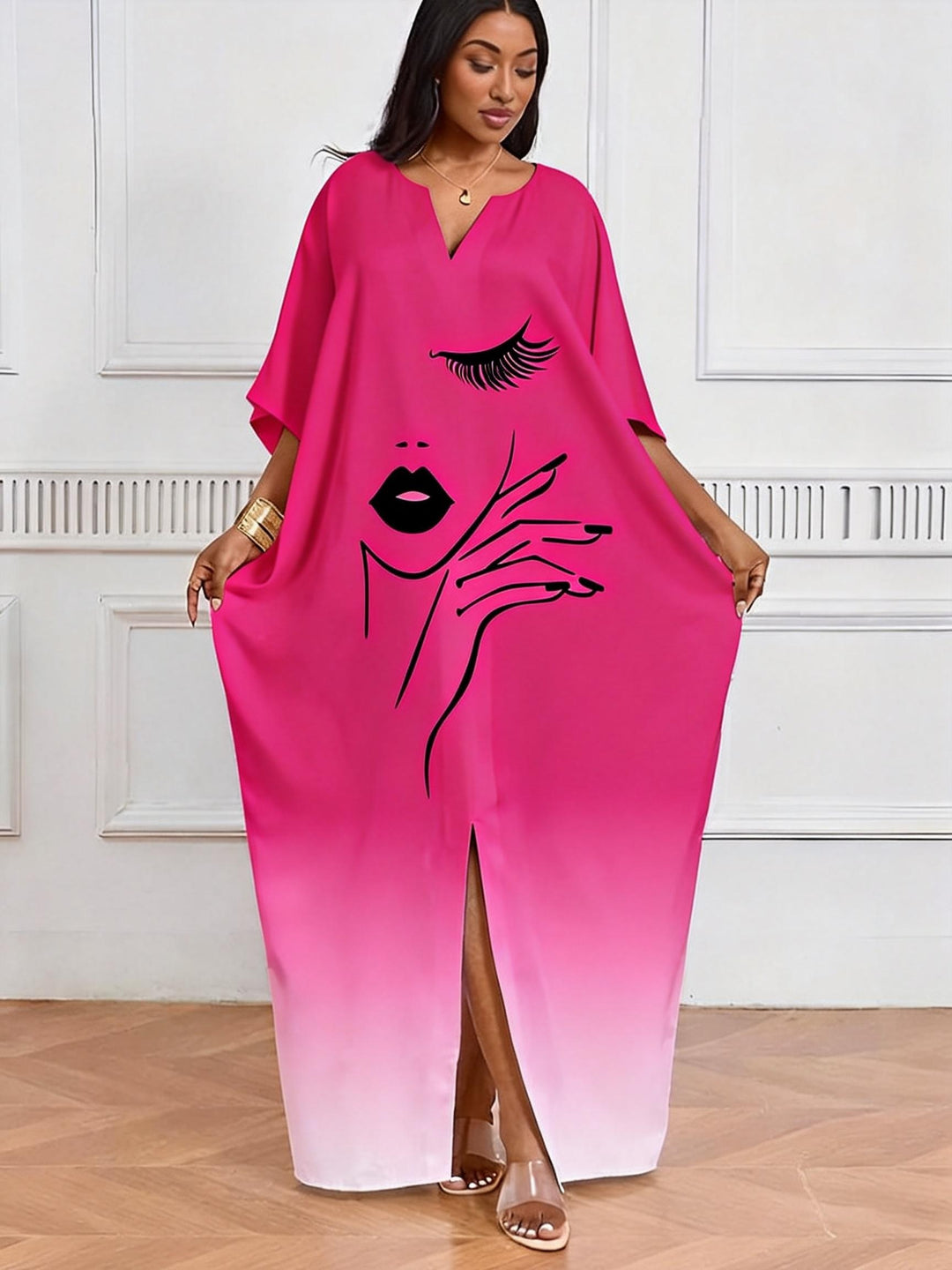 Pink Black Gradient Eyelash Red Lip V-Neck Casual Elegant Dress
