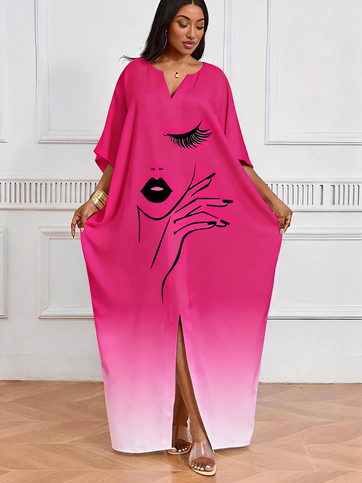 Pink Black Gradient Eyelash Red Lip V-Neck Casual Elegant Dress