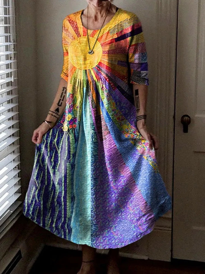 Sun Rays Patchwork Art Print Round Neck Loose Dress