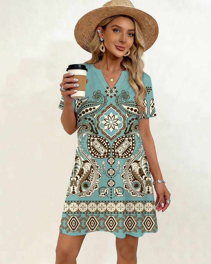Classic Bohemian Print Small V-Neck Dress