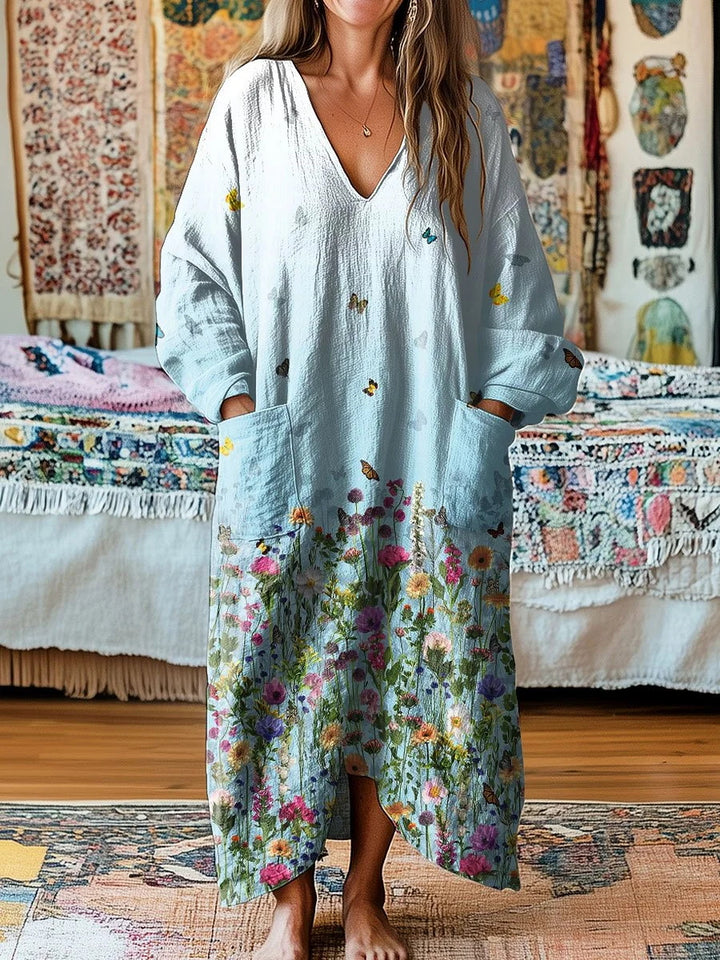 Light Blue Butterfly Floral Print Loose V-Neck Pocket Dress