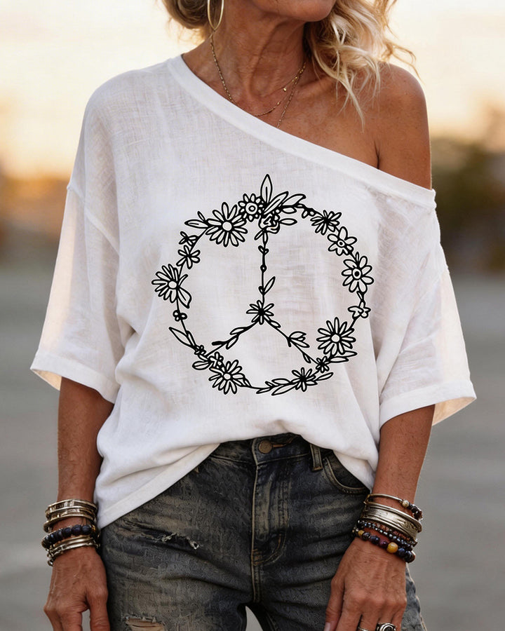 Floral Peace Symbol Slant Shoulder Tee
