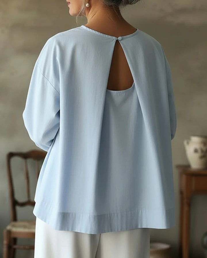 Elegant Open Back Short Sleeve Shirt Round Neck Top