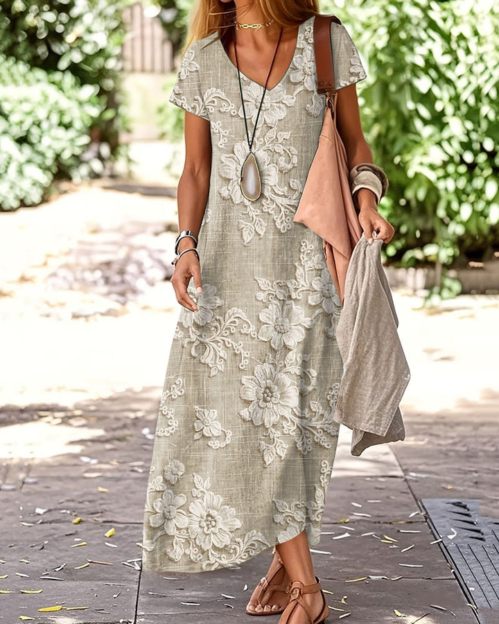 Elegant Floral Lace Print Casual V-Neck Short Sleeve A-Line Loose Long Dress
