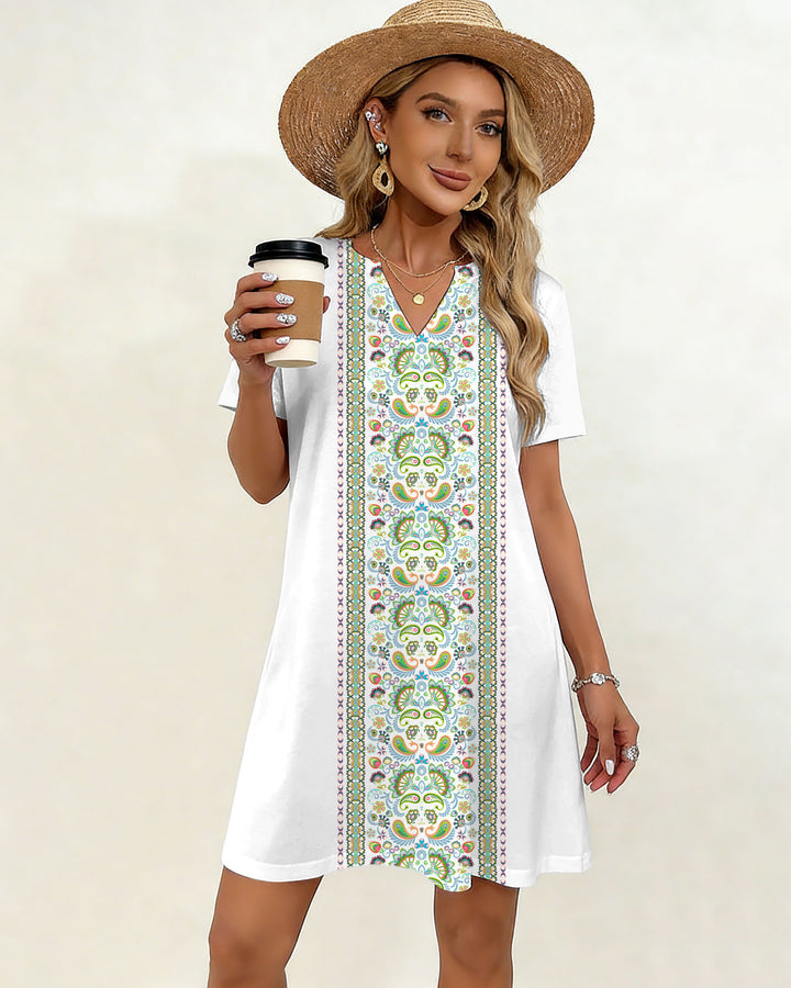 Floral Front-Back Palace-Print Small V-Neck Dress