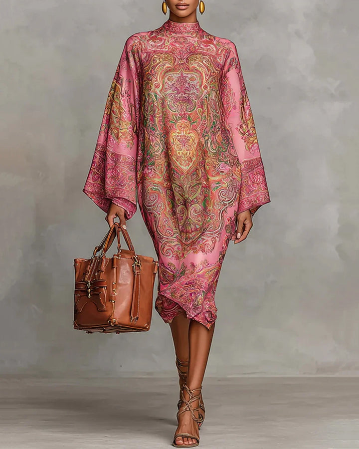 Bohemian Floral Print Semi High Neck Flared Sleeve Dress