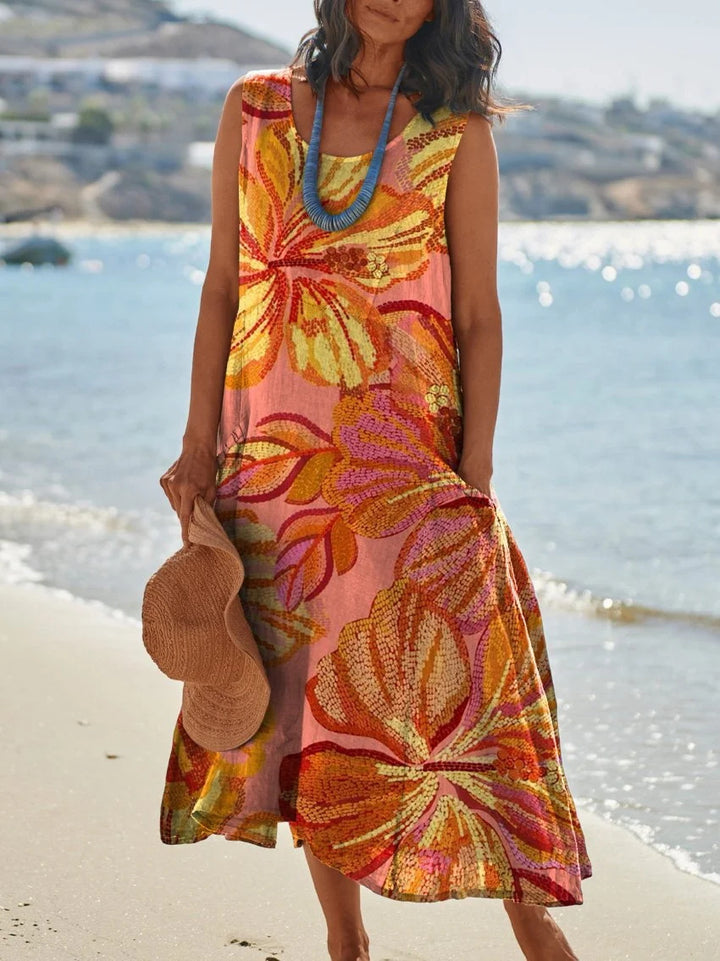 Large Flower Peony Print Pocket Crewneck Vest Dress