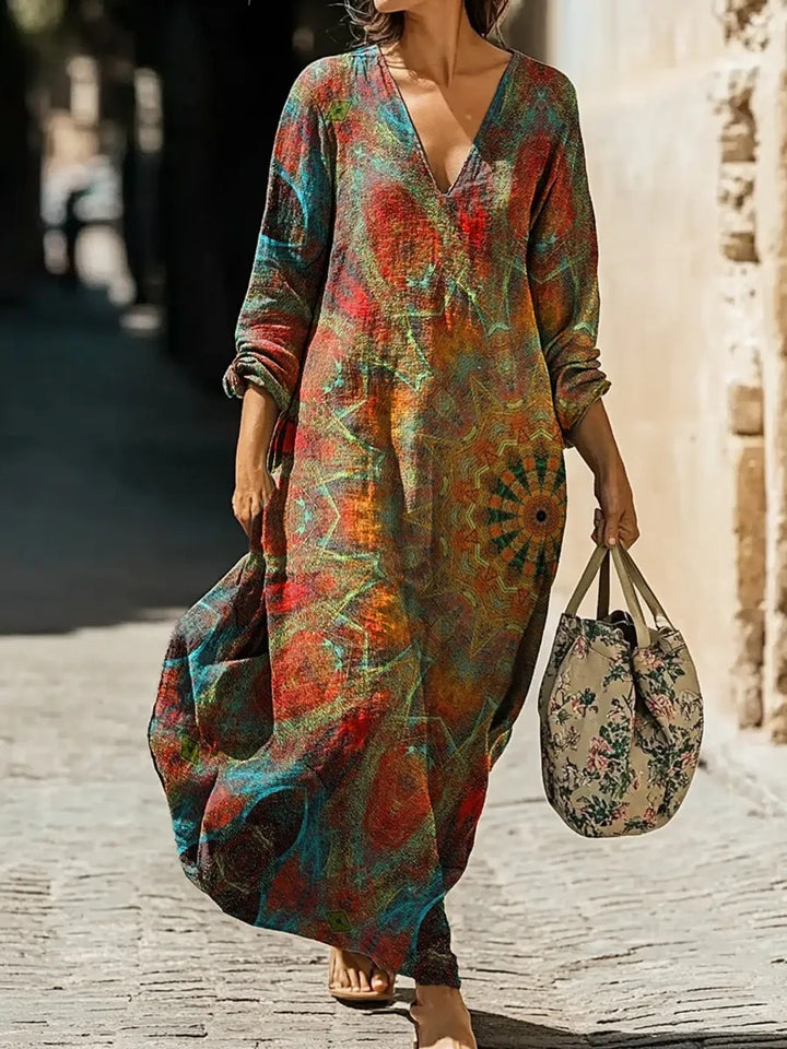 Vintage Mandala Geometric Print V-Neck Holiday Dress