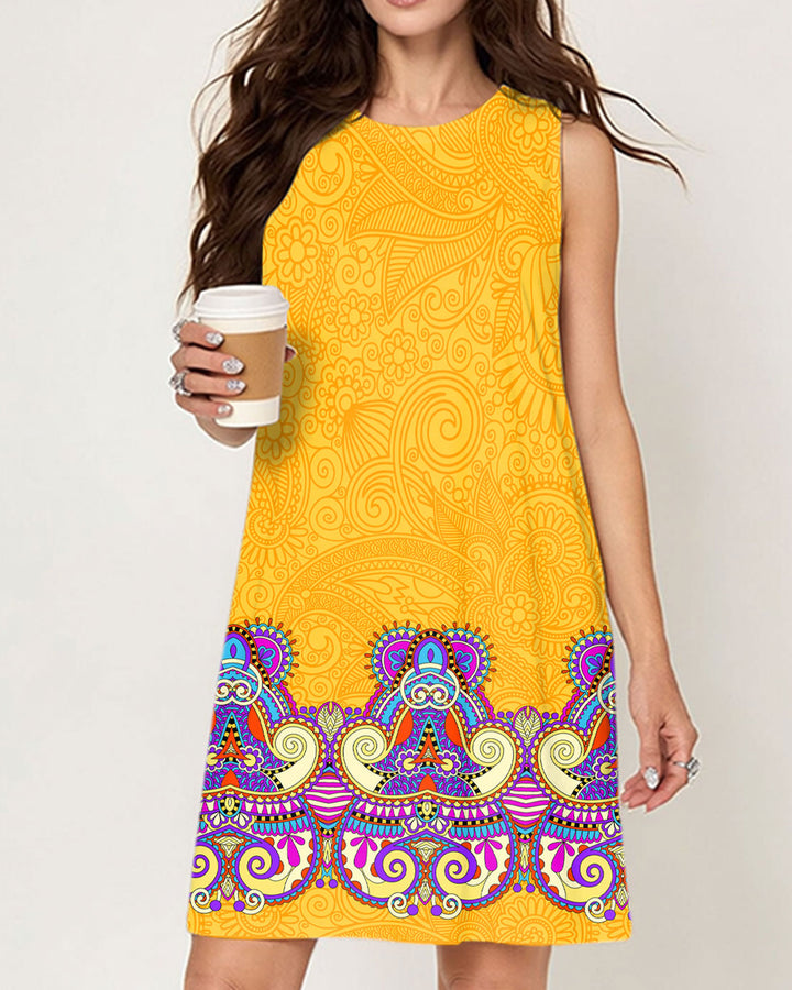 Elegant Sleeveless Yellow Jacquard Print Dress