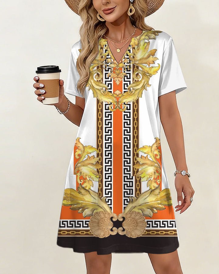 Baroque Luxury Print Small V-Neck Double Pocket Dress