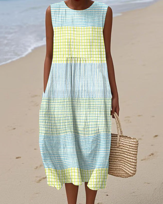 Plaid Patchwork Print Round Neck Pockets Casual Dress