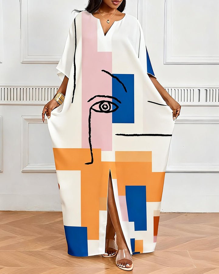 Geometric Color Block Picasso Face Print V-Neck Elegant Dress