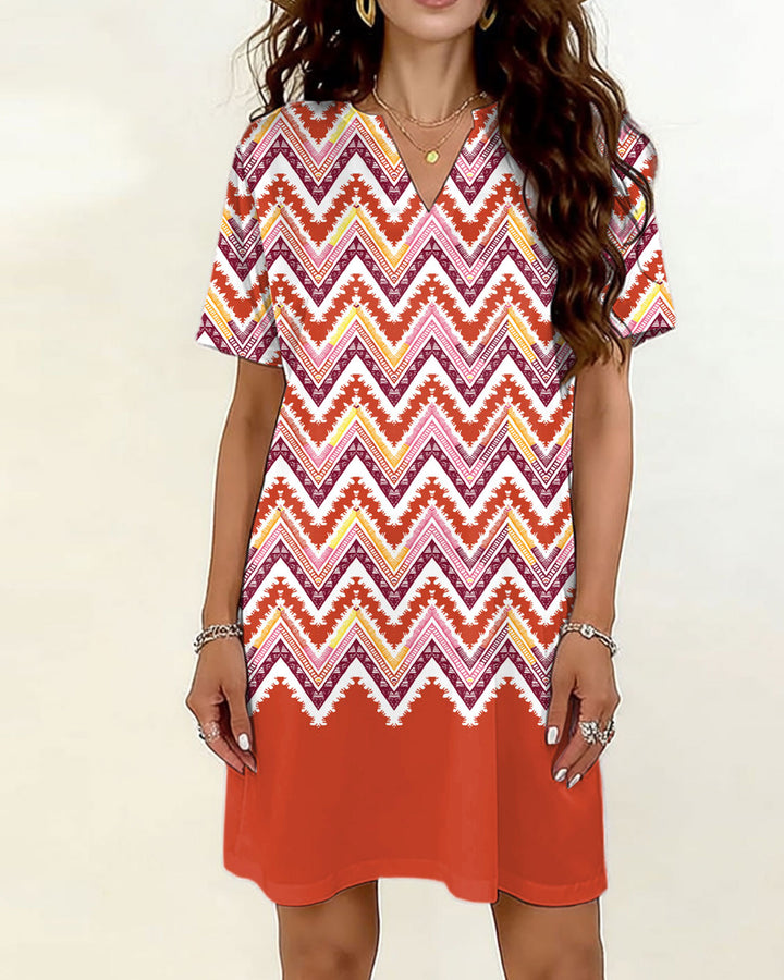 Geometric Loop Pattern Position Print Small V-Neck Dress