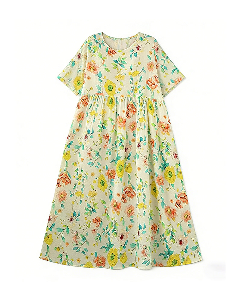 Fresh Watercolor Floral Cotton Linen Loose Dress