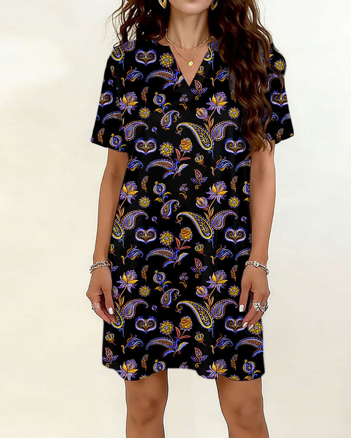 Black Paisley Floral Small V-Neck Dress