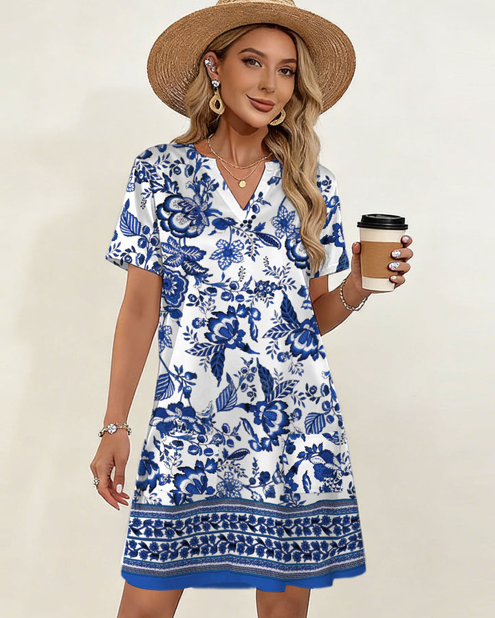 Bohemian Blue-and-Graphic Position-Print V-Neck Double Pocket Dress