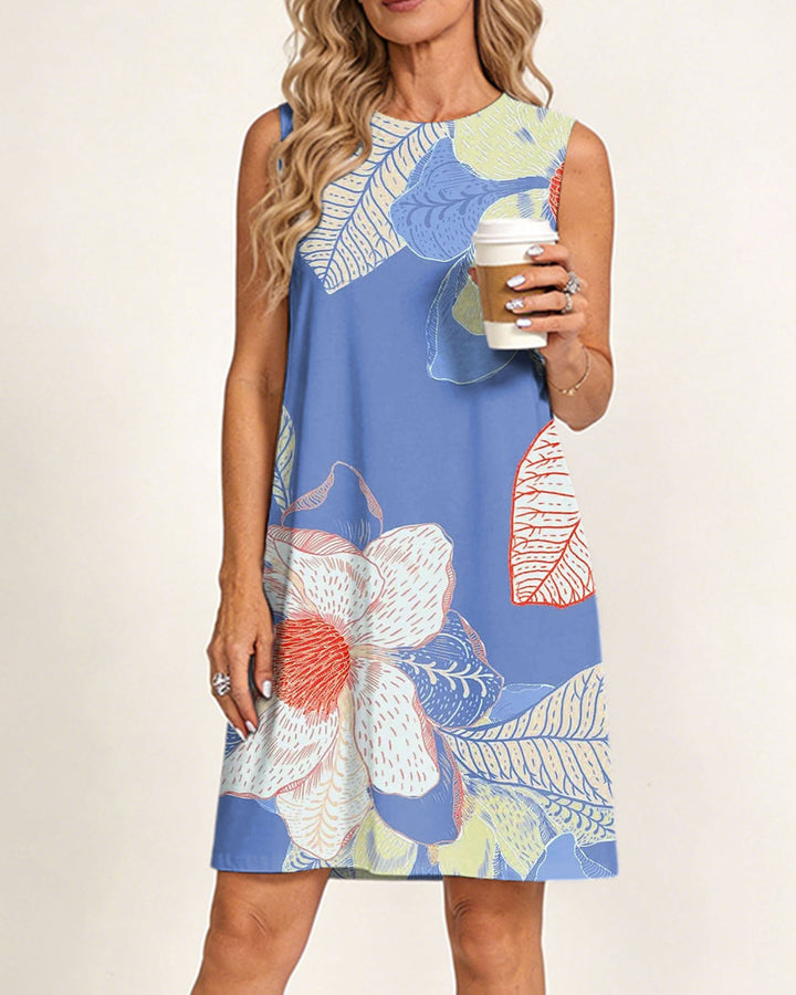 Blue Large Floral Position Print Sleeveless Dress