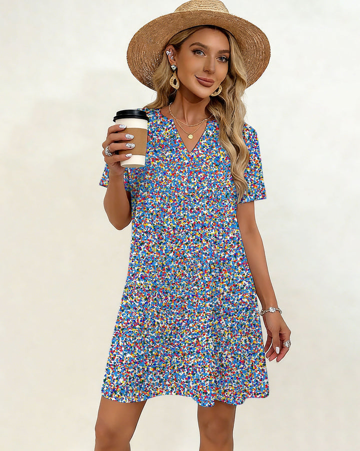 Blue Fragment Print Small V-Neck Dress