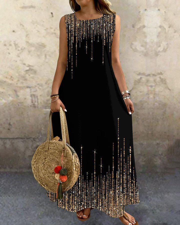 Elegant Glitter Print Round Neck Sleeveless Loose Elegant Chic Dress