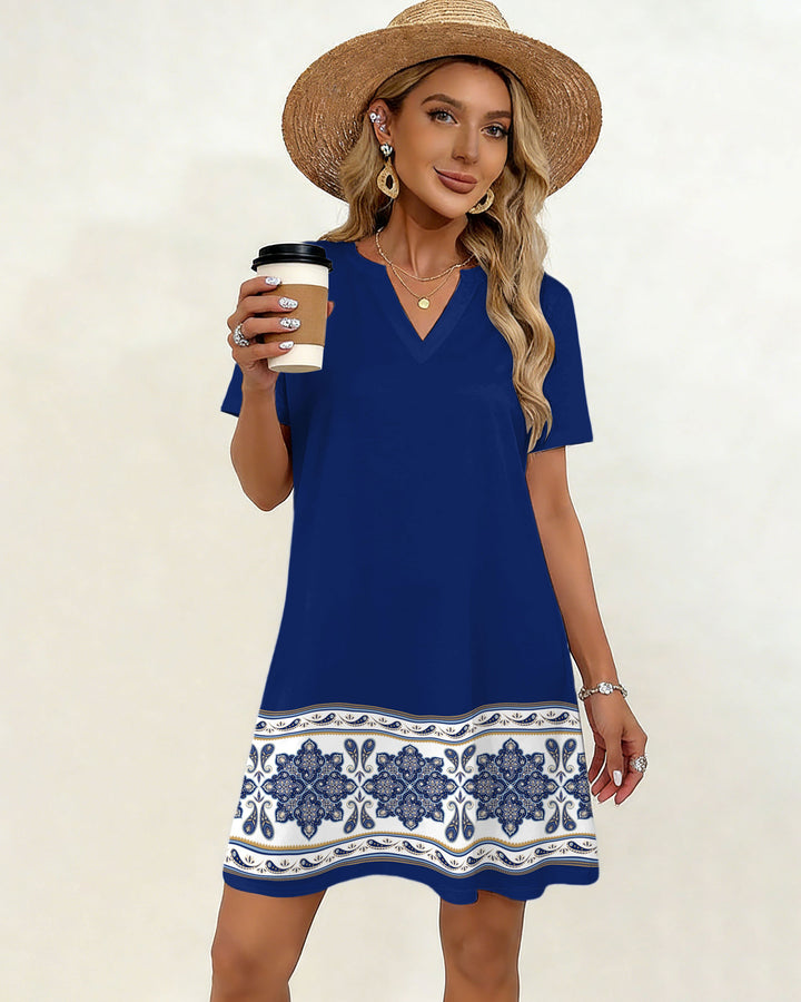 Positioned Printed Hem Pattern Printed Blue Small V-Neck Dress