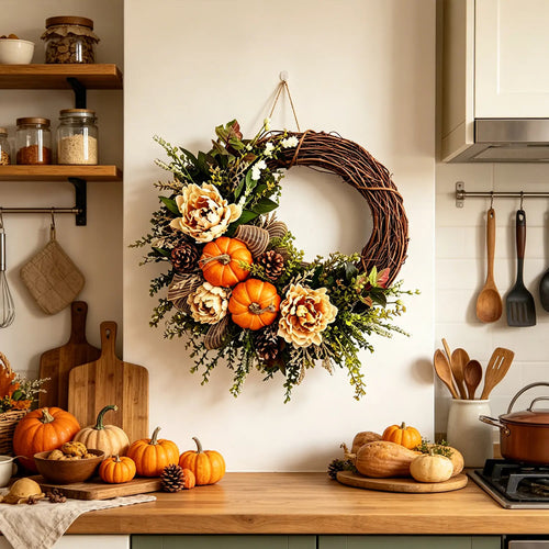 Thanksgiving Artificial Pinecone, Pumpkin, and Rose Vine Wreath Wall Hanging