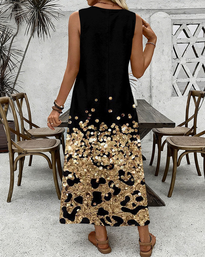 Gold Leopard Sequin Print Round Neck Sleeveless Loose Elegant Chic Dress