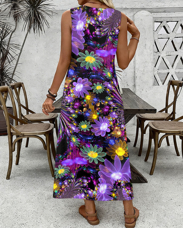 Fluorescent Purple Flowers Print Round Neck Sleeveless Loose Elegant Chic Dress