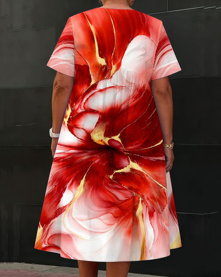 Red Floral Stripe Art Print Daily Loose Plain Shirt Dress