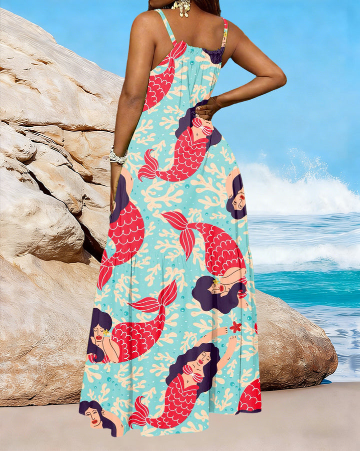 Fun Cartoon Mermaid Full Floral Print Sleeveless A-Line Long Dress