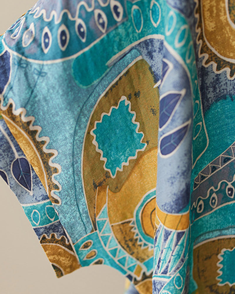 Vintage Ethnic Abstract Print V-Neck Dress