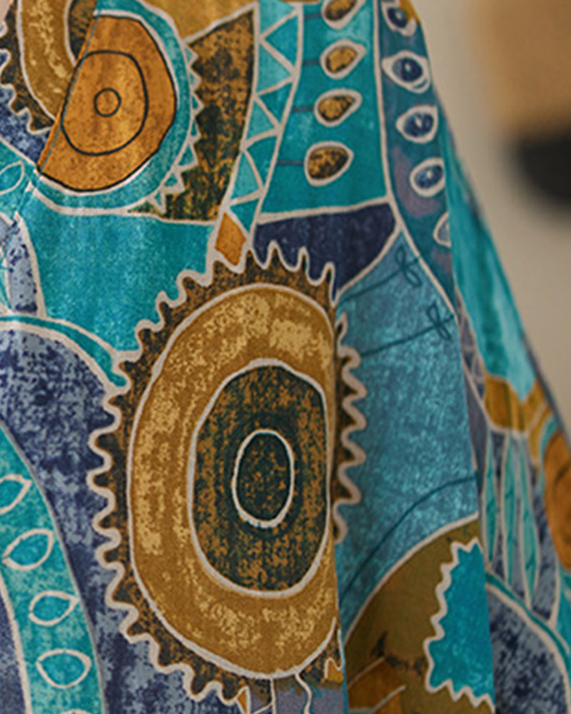 Vintage Ethnic Abstract Print V-Neck Dress