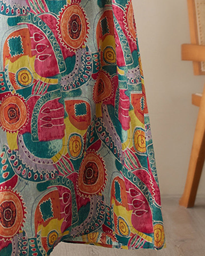 Vintage Ethnic Abstract Print V-Neck Dress