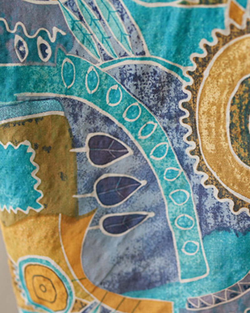 Vintage Ethnic Abstract Print V-Neck Dress