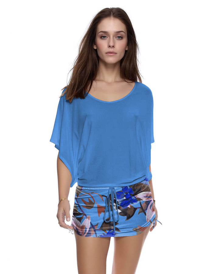 Blue Patchwork Large Floral-Print Batman Drawstring Side-Pleated Dress