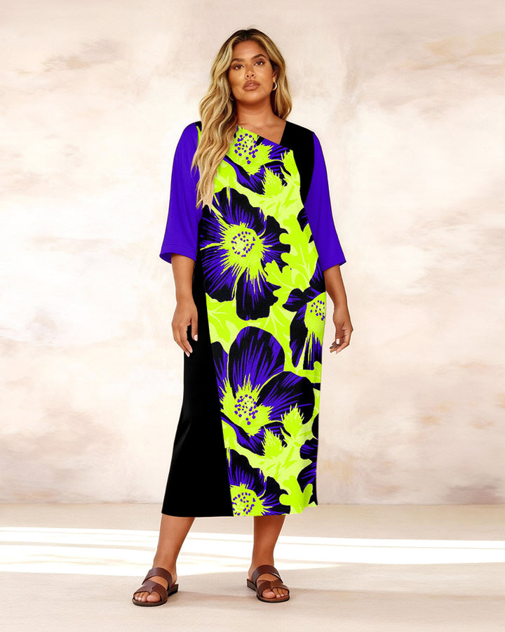 Irregular Neckline Fluorescent Green Floral Print Mid-sleeve Straight Maxi Dresses