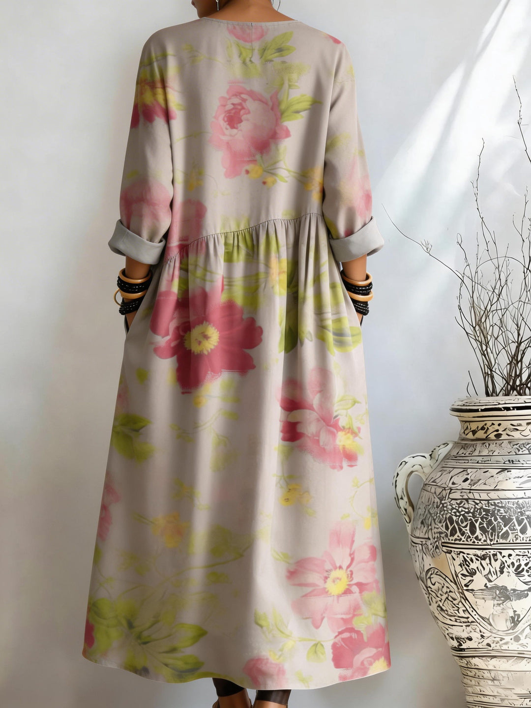 Women's Light Apricot Watercolor Peony Print Pocket Dress