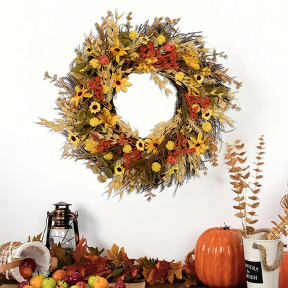 Artificial Chrysanthemum and Fallen Leaf Autumn-Themed Decorative Wreath