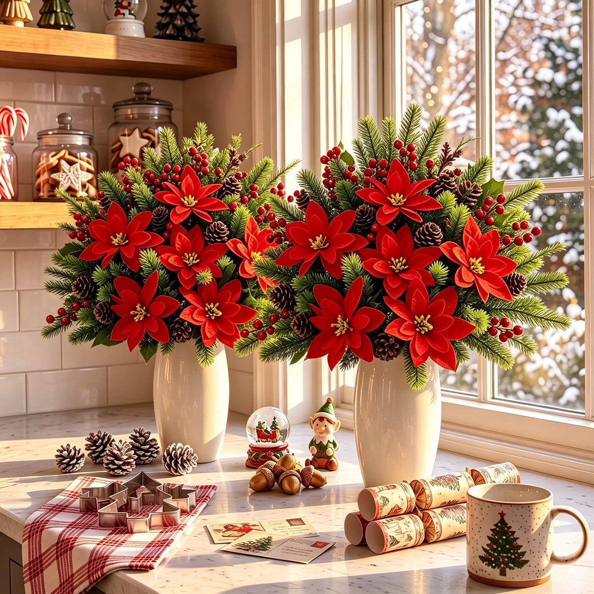 Artificial Christmas Greenery Bouquet with Red Berries and Pine Needles