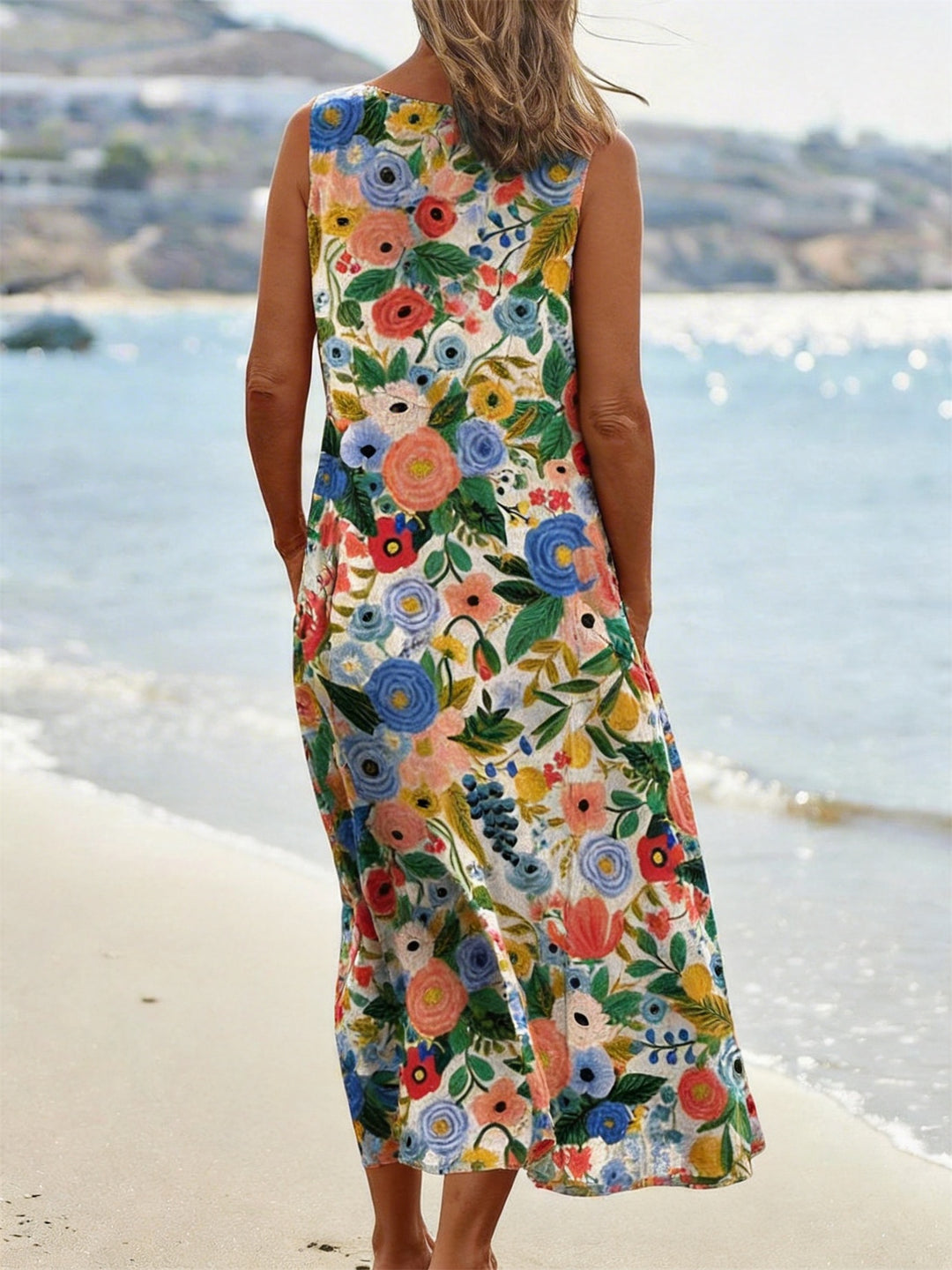 Retro Floral Print Pocket Crew Neck Vest Dress