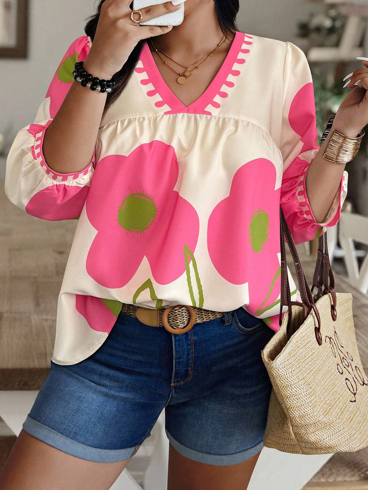Pink Green Large Floral Print V-Neck Puff Sleeve Top