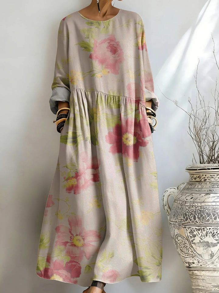 Women's Light Apricot Watercolor Peony Print Pocket Dress