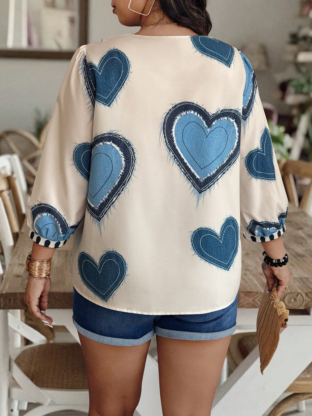 Denim Blue Love Printed V-Neck Puff Sleeve Top