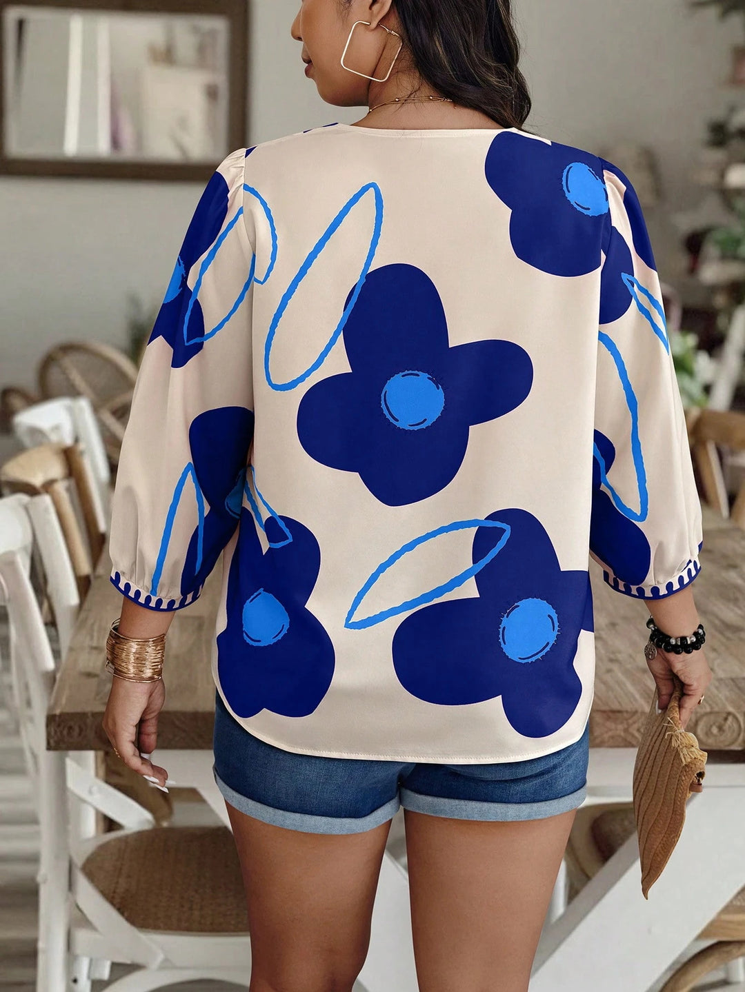 Pink Green Large Floral Print V-Neck Puff Sleeve Top