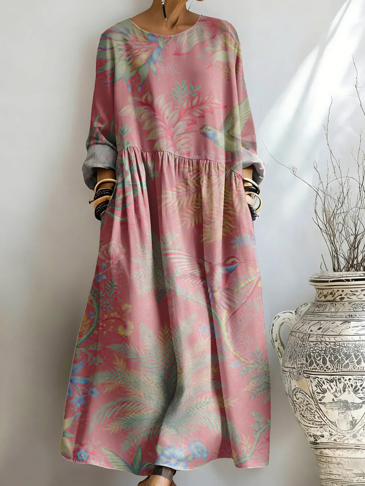 Women's Pea Red Palm Leaf Printed Pocket Dress